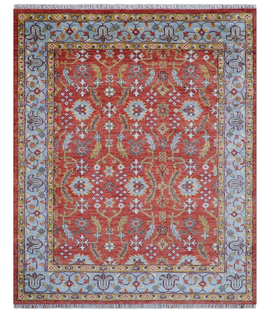 Traditional Turkish Design Rust And Blue Hand Knotted Wool Rug - The Rug Decor