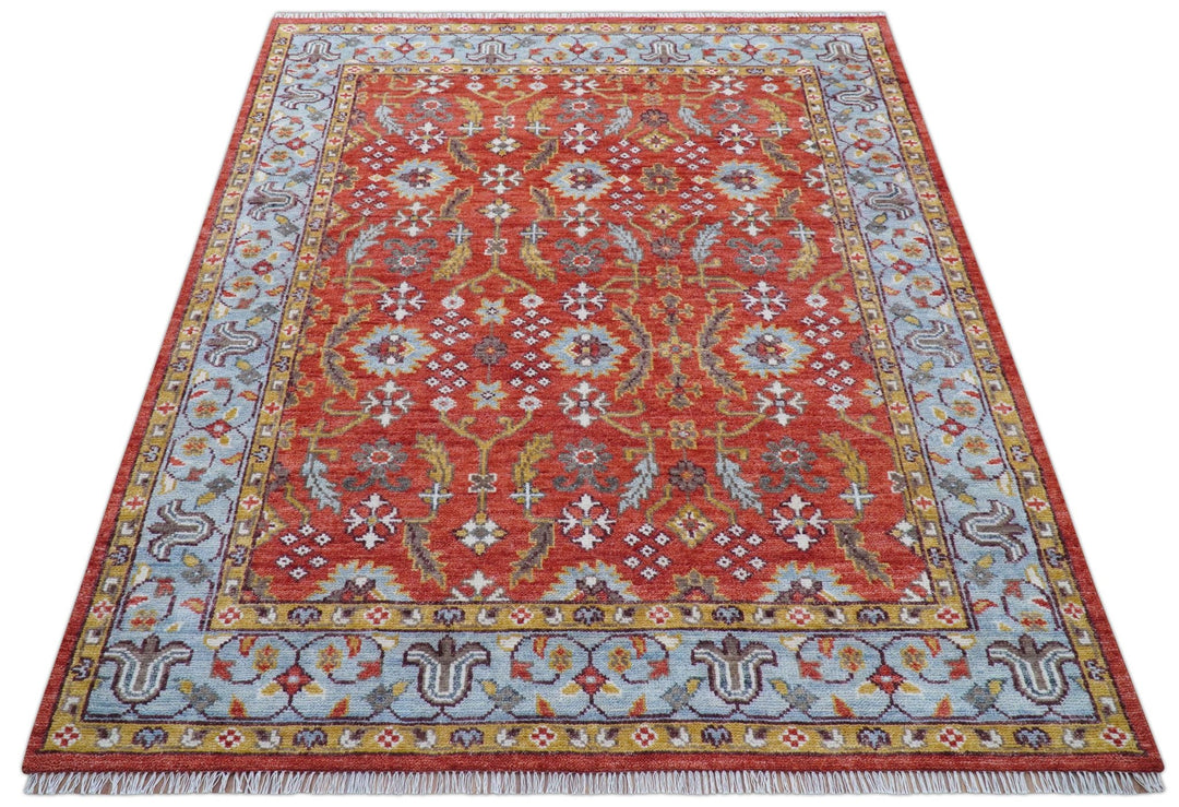 Traditional Turkish Design Rust And Blue Hand Knotted Wool Rug - The Rug Decor