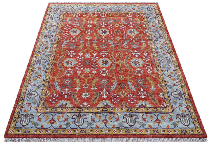 Traditional Turkish Design Rust And Blue Hand Knotted Wool Rug - The Rug Decor