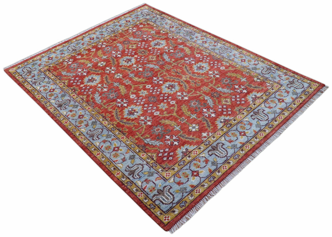 Traditional Turkish Design Rust And Blue Hand Knotted Wool Rug - The Rug Decor
