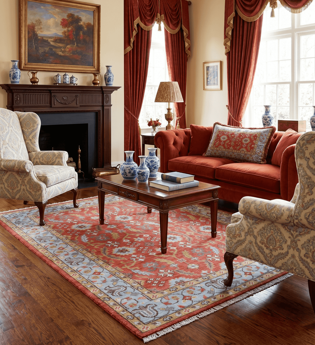 Traditional Turkish Design Rust And Blue Hand Knotted Wool Rug - The Rug Decor