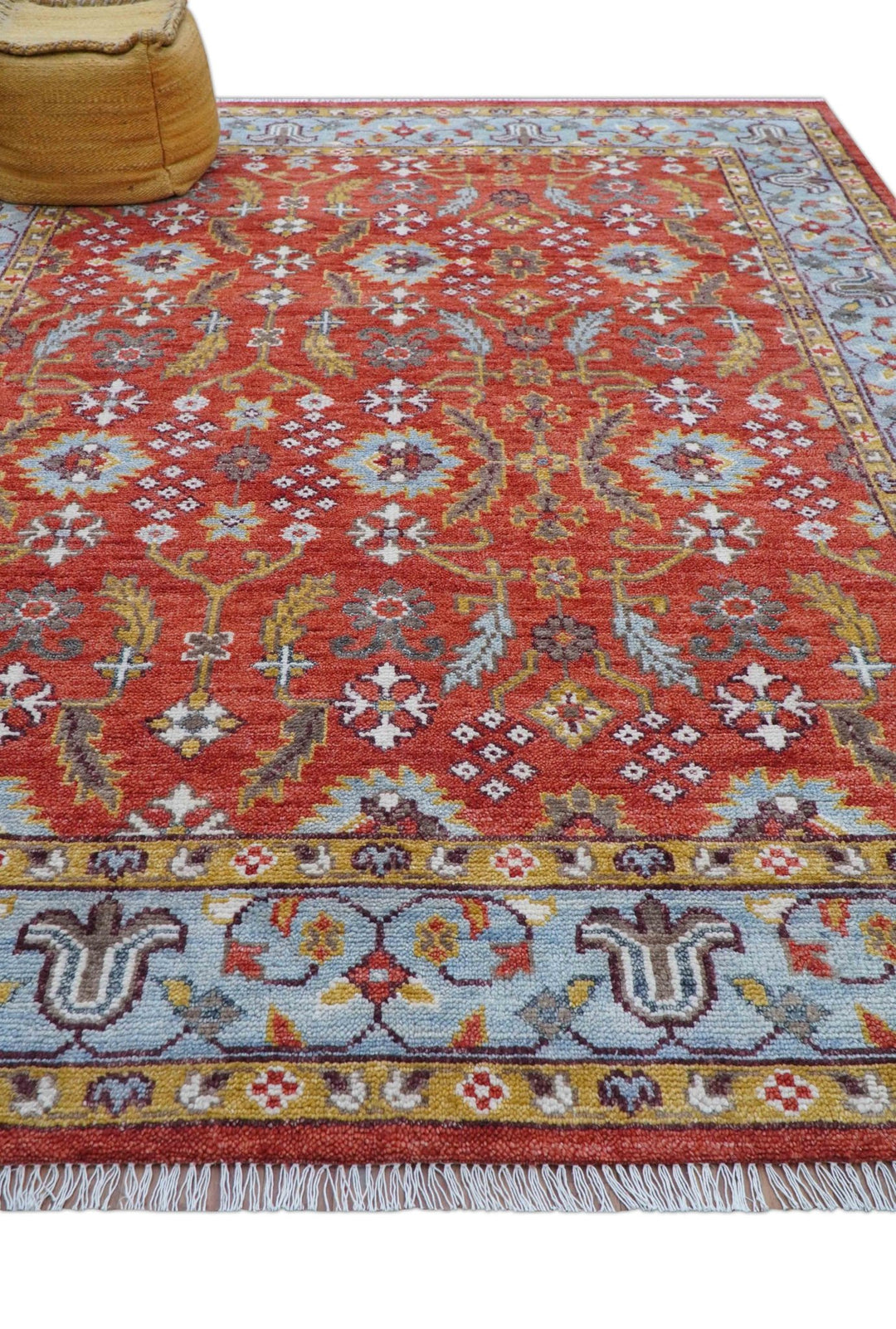 Traditional Turkish Design Rust And Blue Hand Knotted Wool Rug - The Rug Decor