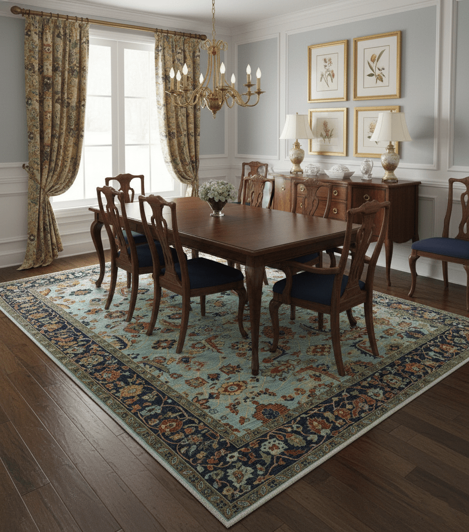 Traditional Turkish Knot Fine Blue And Rust Hand knotted Wool Area Rug - The Rug Decor