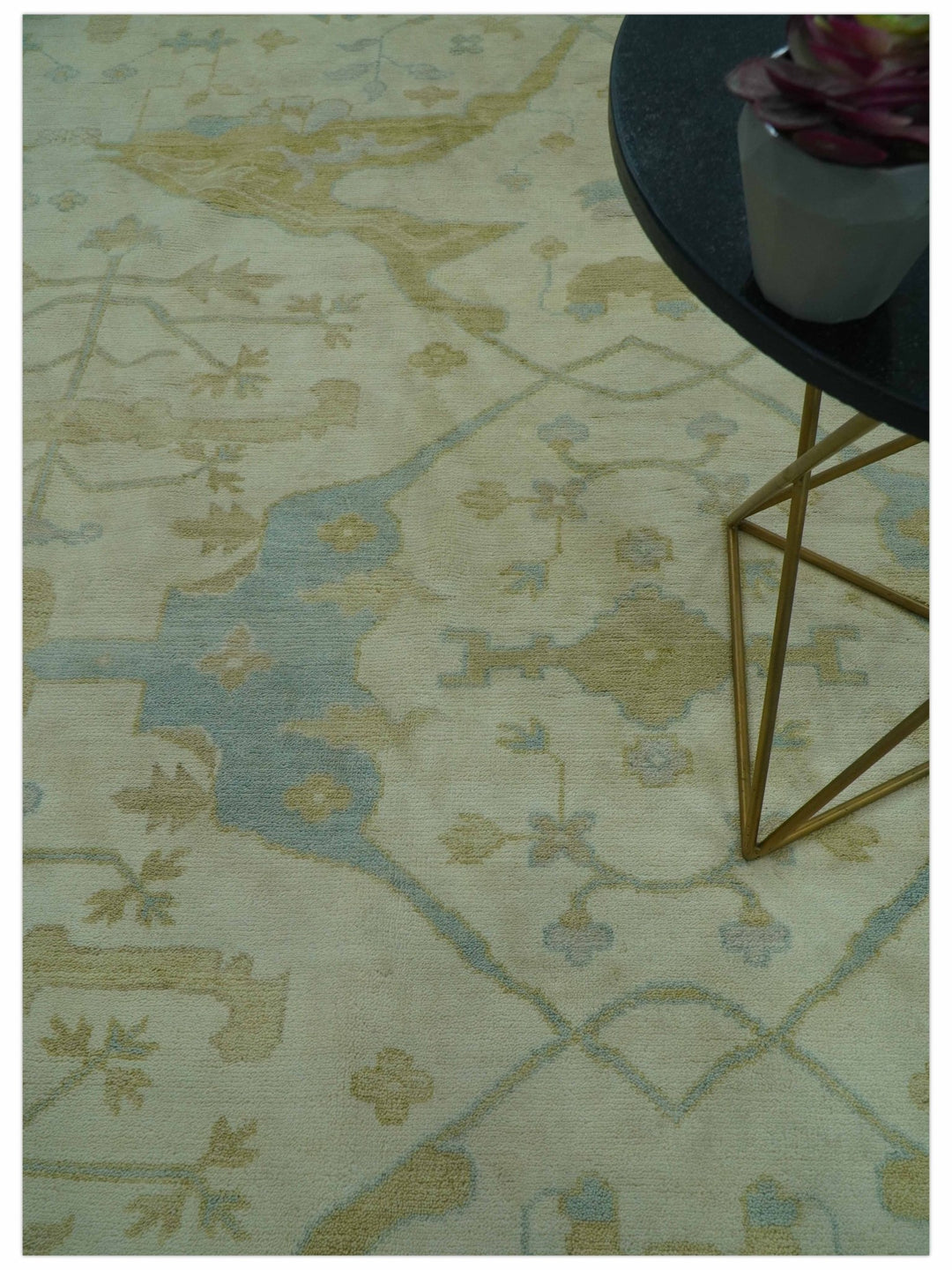 Traditional Turkish Oushak Design Beige And Blue Hand Knotted 12.4x15 Wool Area Rug - The Rug Decor