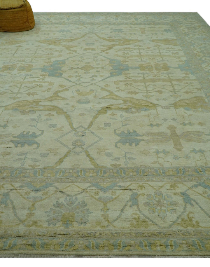 Traditional Turkish Oushak Design Beige And Blue Hand Knotted 12.4x15 Wool Area Rug - The Rug Decor