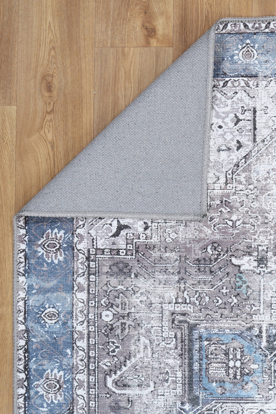 Traditional Vintage Style Gray And Blue Machine Washable Rug - The Rug Decor