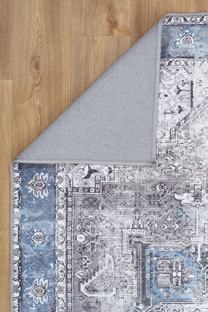 Traditional Vintage Style Gray And Blue Machine Washable Rug - The Rug Decor
