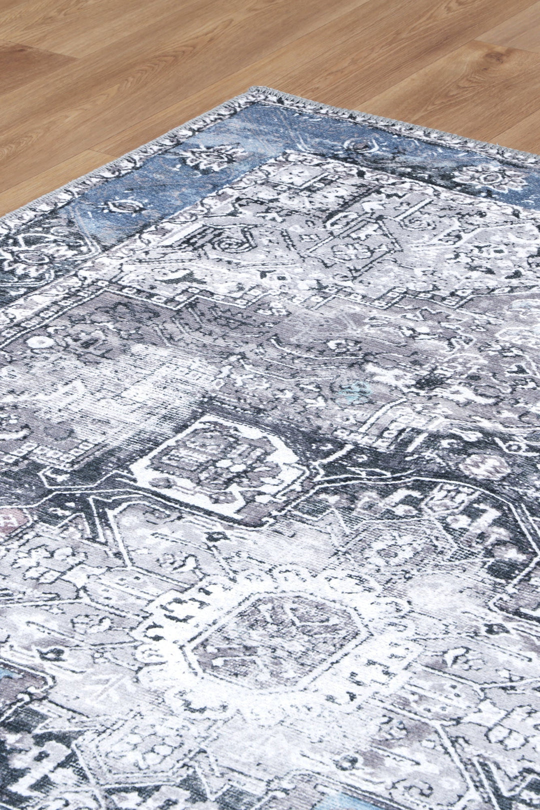 Traditional Vintage Style Gray And Blue Machine Washable Rug - The Rug Decor