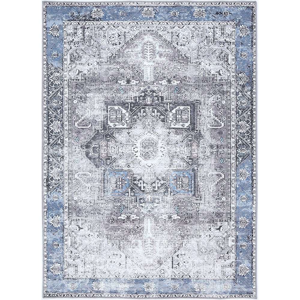 Traditional Vintage Style Gray And Blue Machine Washable Rug - The Rug Decor