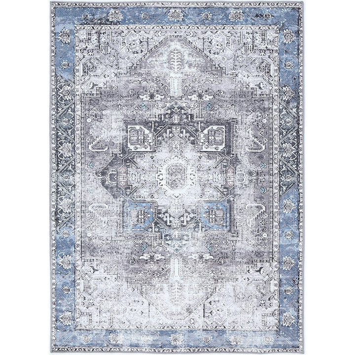 Traditional Vintage Style Gray And Blue Machine Washable Rug - The Rug Decor