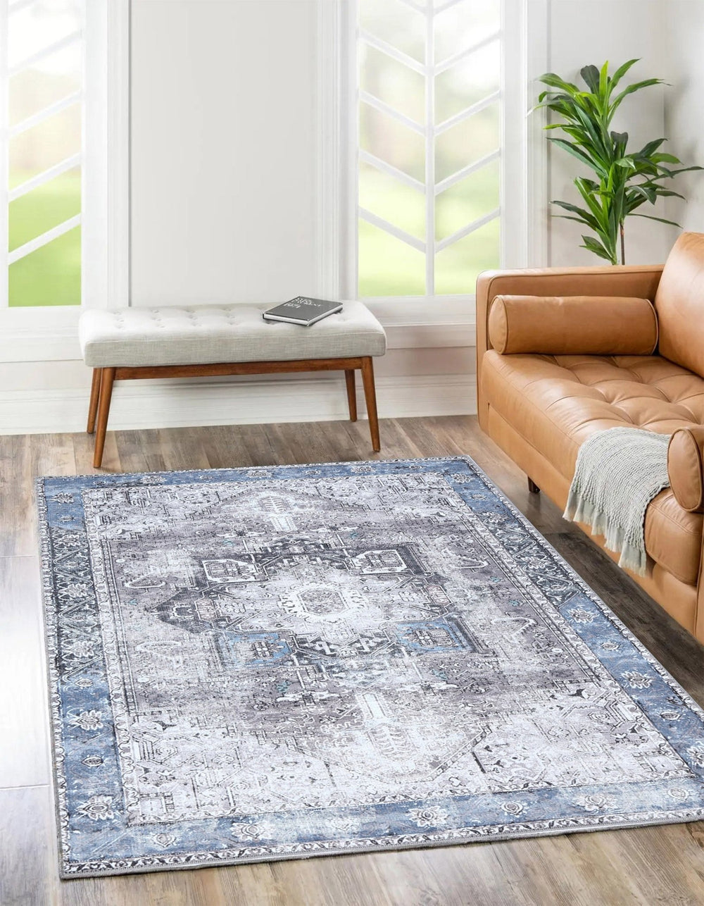 Traditional Vintage Style Gray And Blue Machine Washable Rug - The Rug Decor