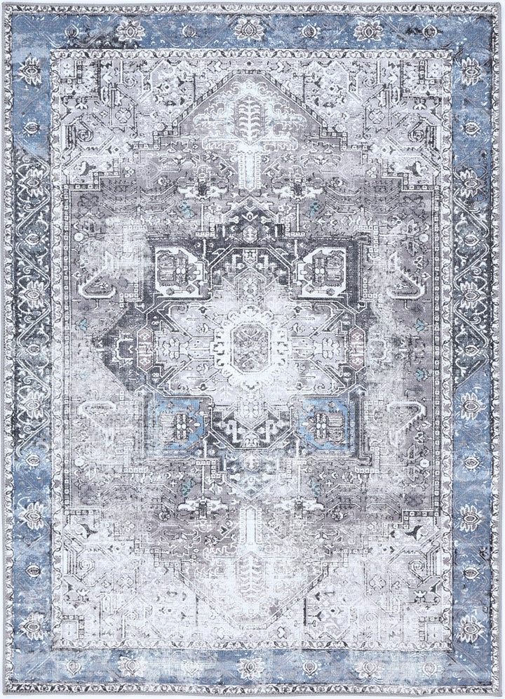 Traditional Vintage Style Gray And Blue Machine Washable Rug - The Rug Decor