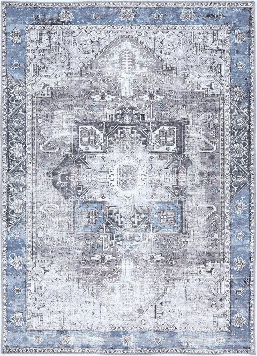 Traditional Vintage Style Gray And Blue Machine Washable Rug - The Rug Decor