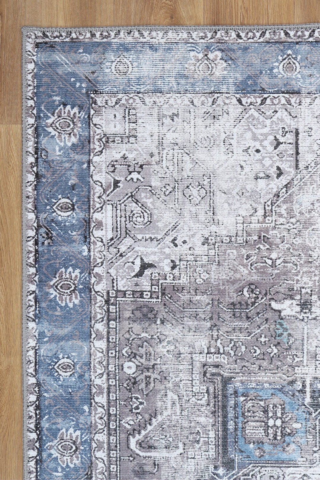 Traditional Vintage Style Gray And Blue Machine Washable Rug - The Rug Decor