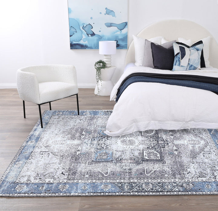 Traditional Vintage Style Gray And Blue Machine Washable Rug - The Rug Decor