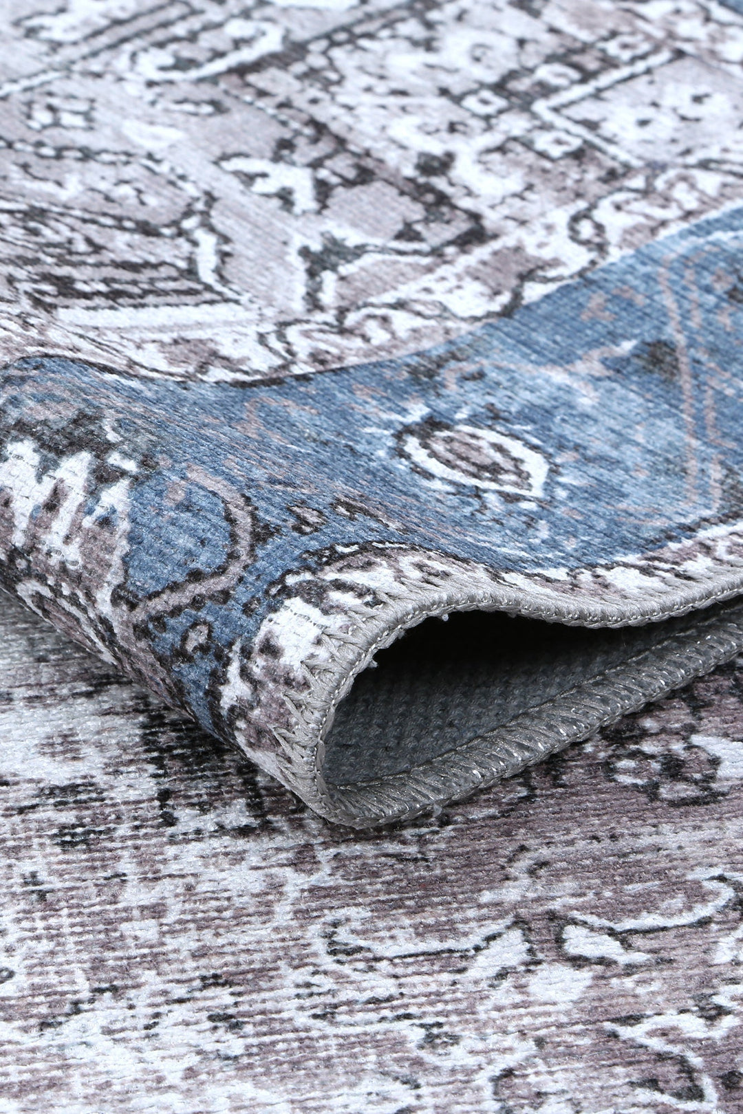 Traditional Vintage Style Gray And Blue Machine Washable Rug - The Rug Decor