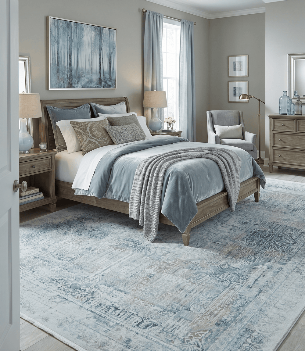 Transitional Blue and Ivory Antique Finish Art Silk Area Rug - The Rug Decor