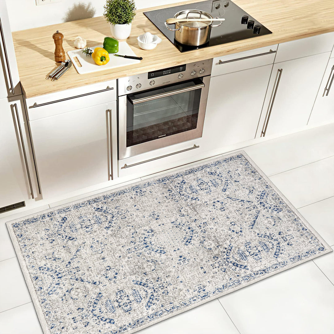 Transitional Blue And White Machine Washable Cotton Area Rug - The Rug Decor