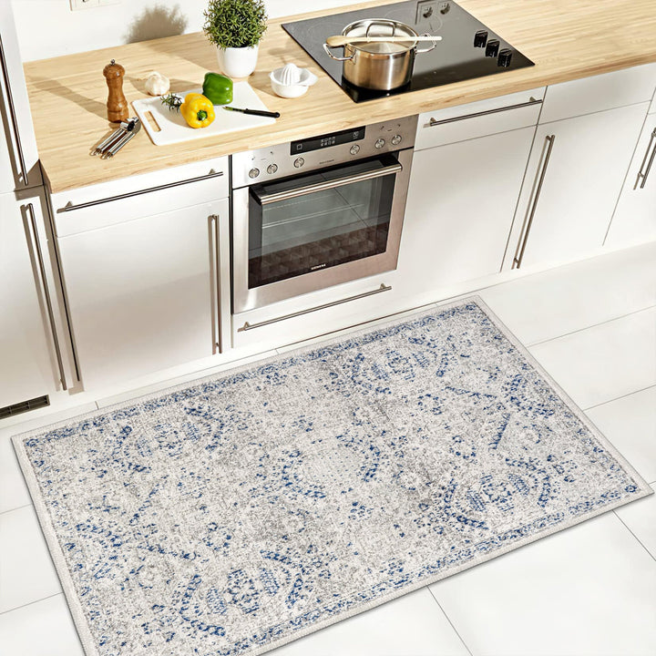 Transitional Blue And White Machine Washable Cotton Area Rug - The Rug Decor