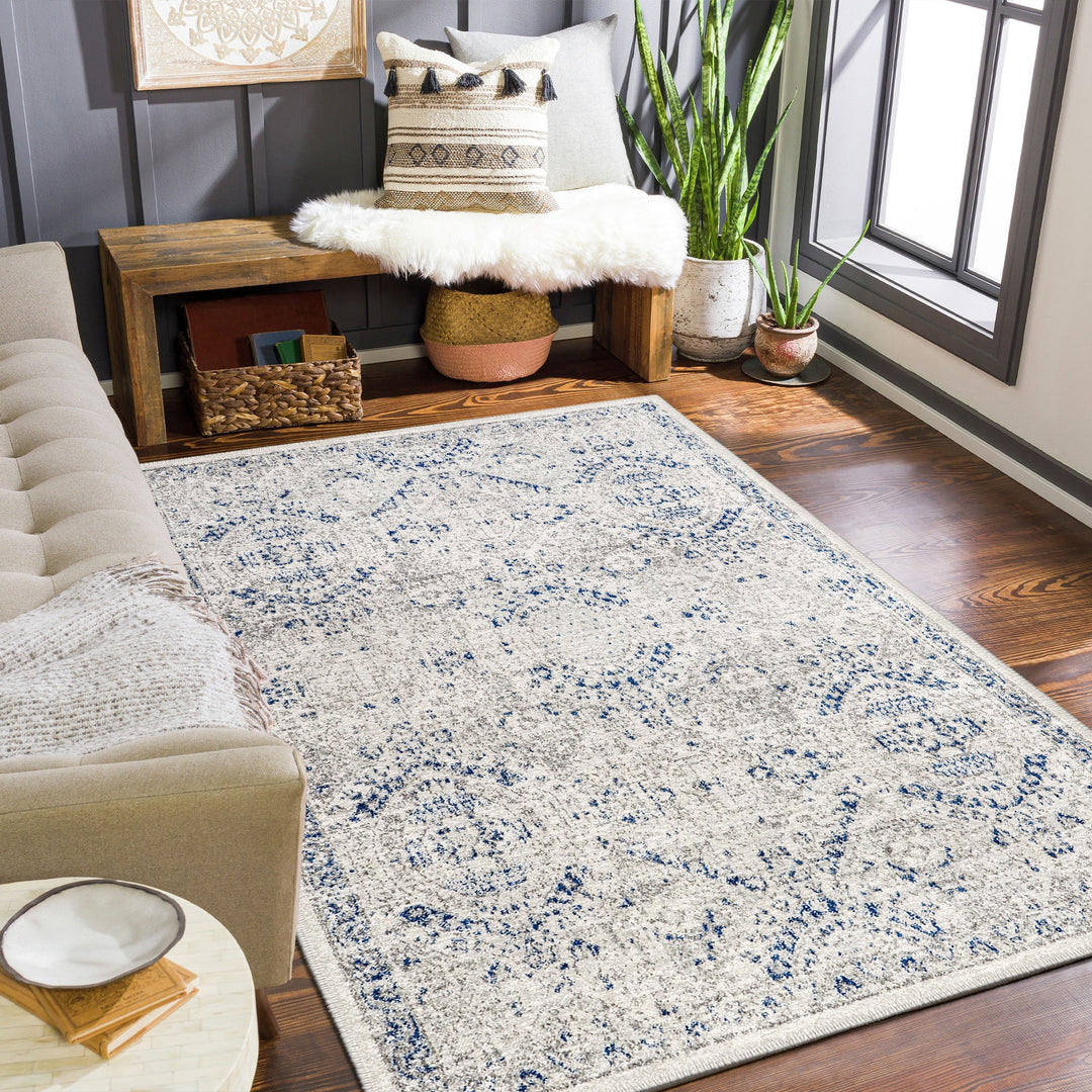 Transitional Blue And White Machine Washable Cotton Area Rug - The Rug Decor