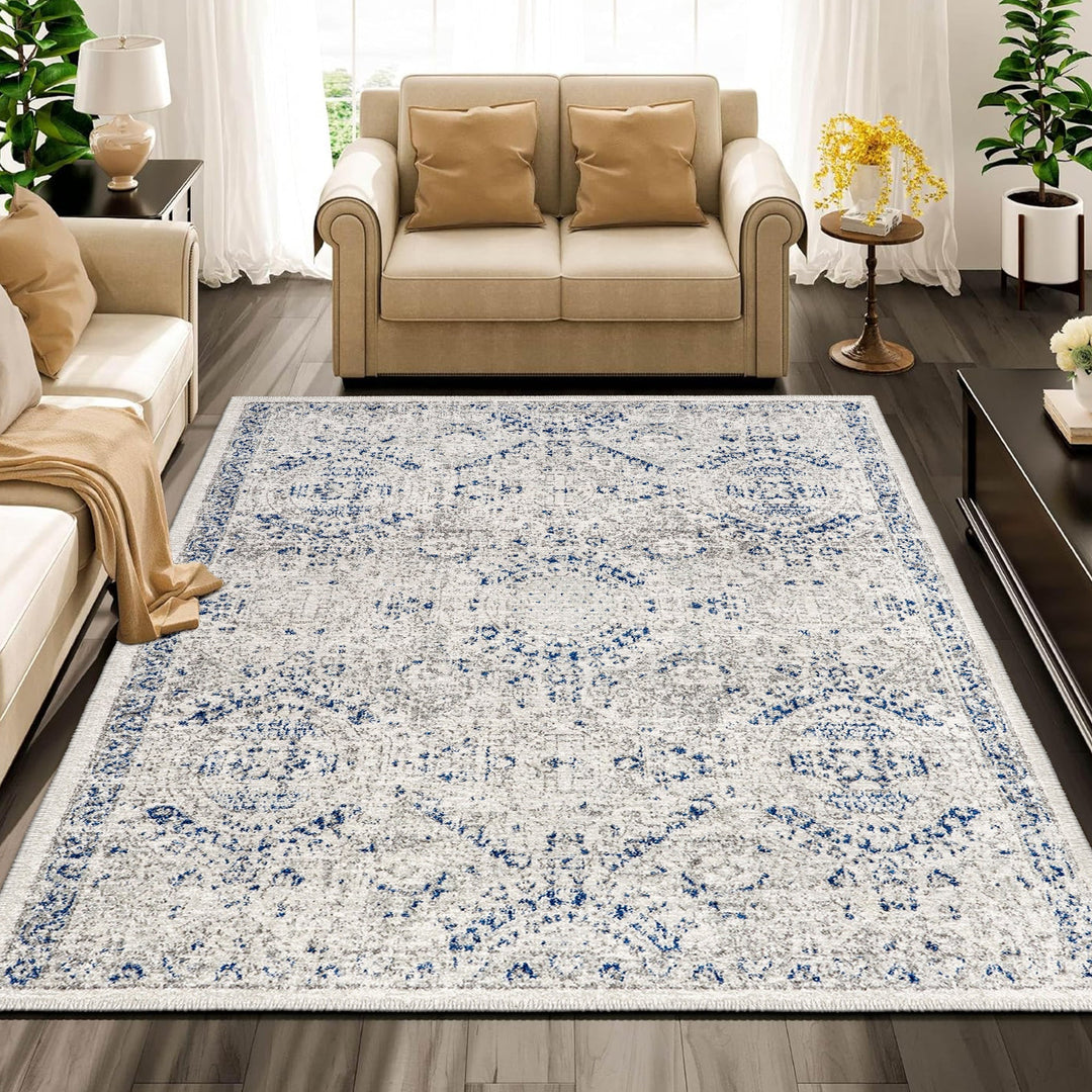 Transitional Blue And White Machine Washable Cotton Area Rug - The Rug Decor