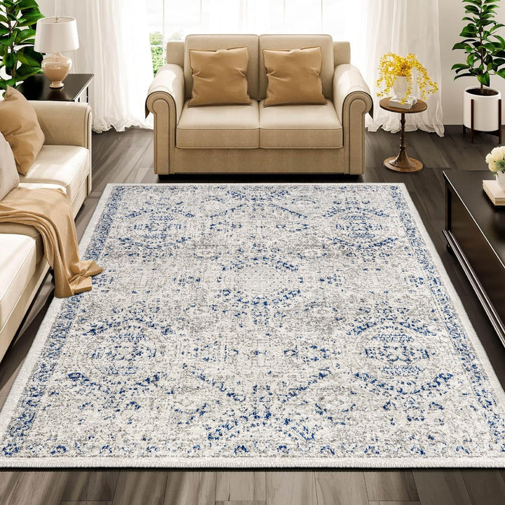 Transitional Blue And White Machine Washable Cotton Area Rug - The Rug Decor