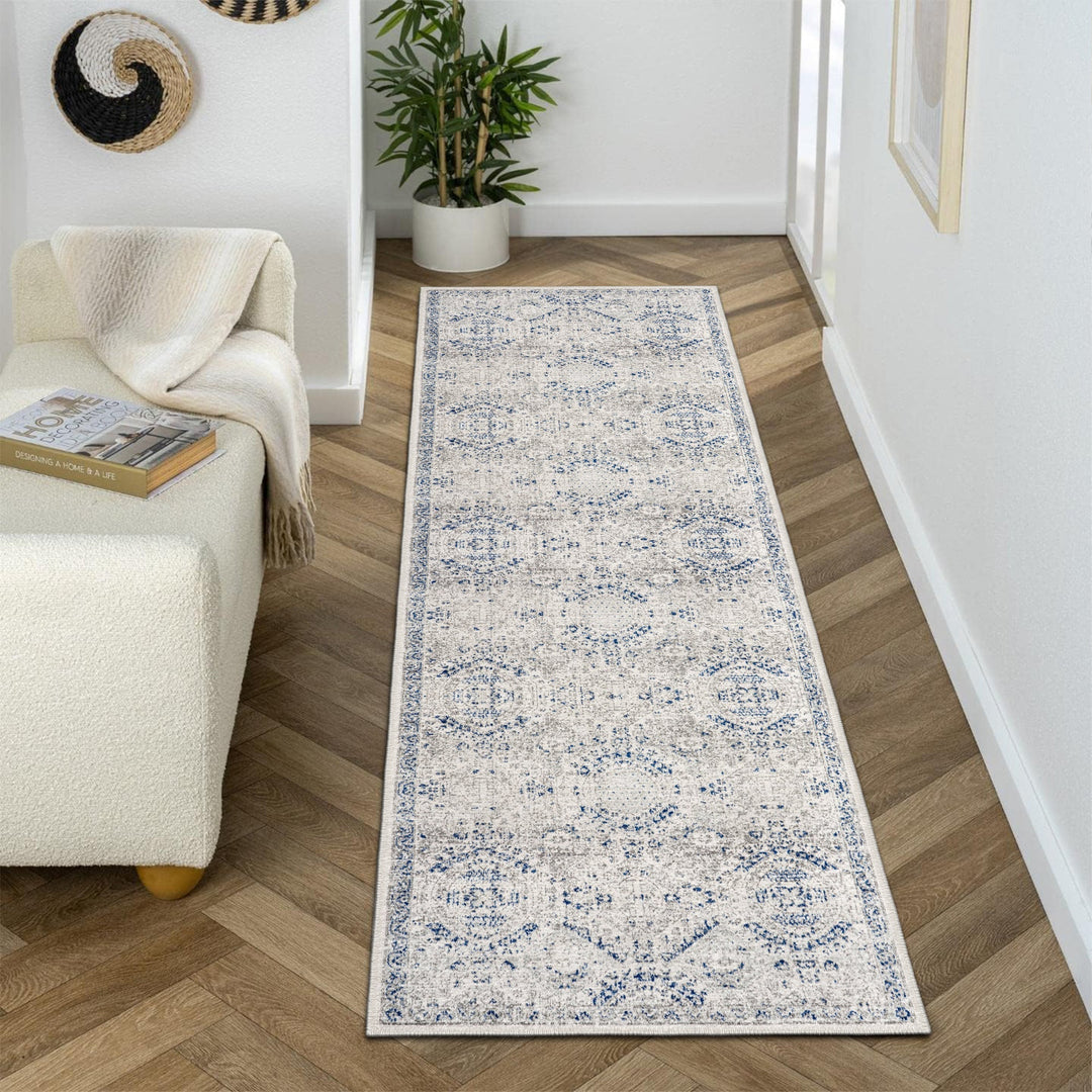 Transitional Blue And White Machine Washable Cotton Area Rug - The Rug Decor