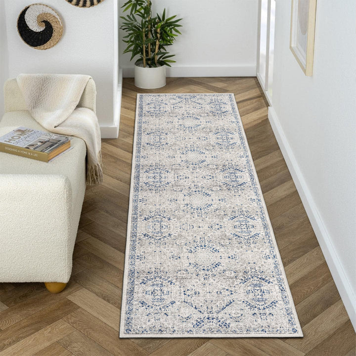 Transitional Blue And White Machine Washable Cotton Area Rug - The Rug Decor