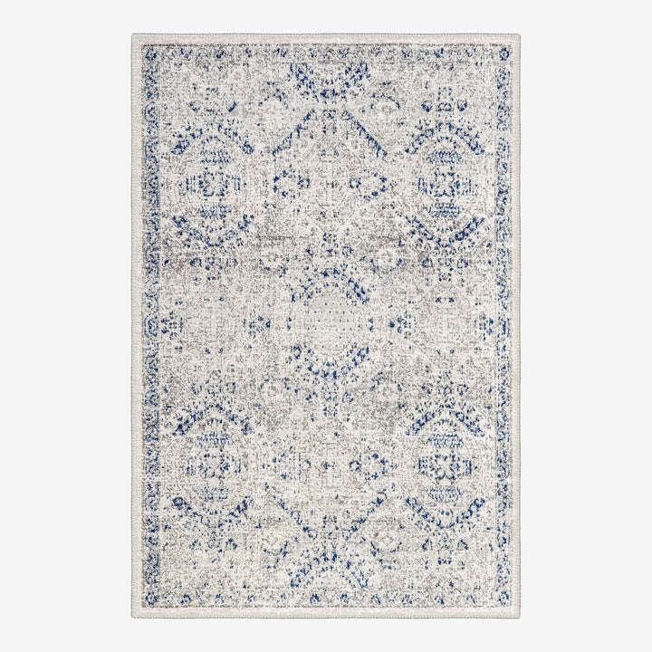 Transitional Blue And White Machine Washable Cotton Area Rug - The Rug Decor