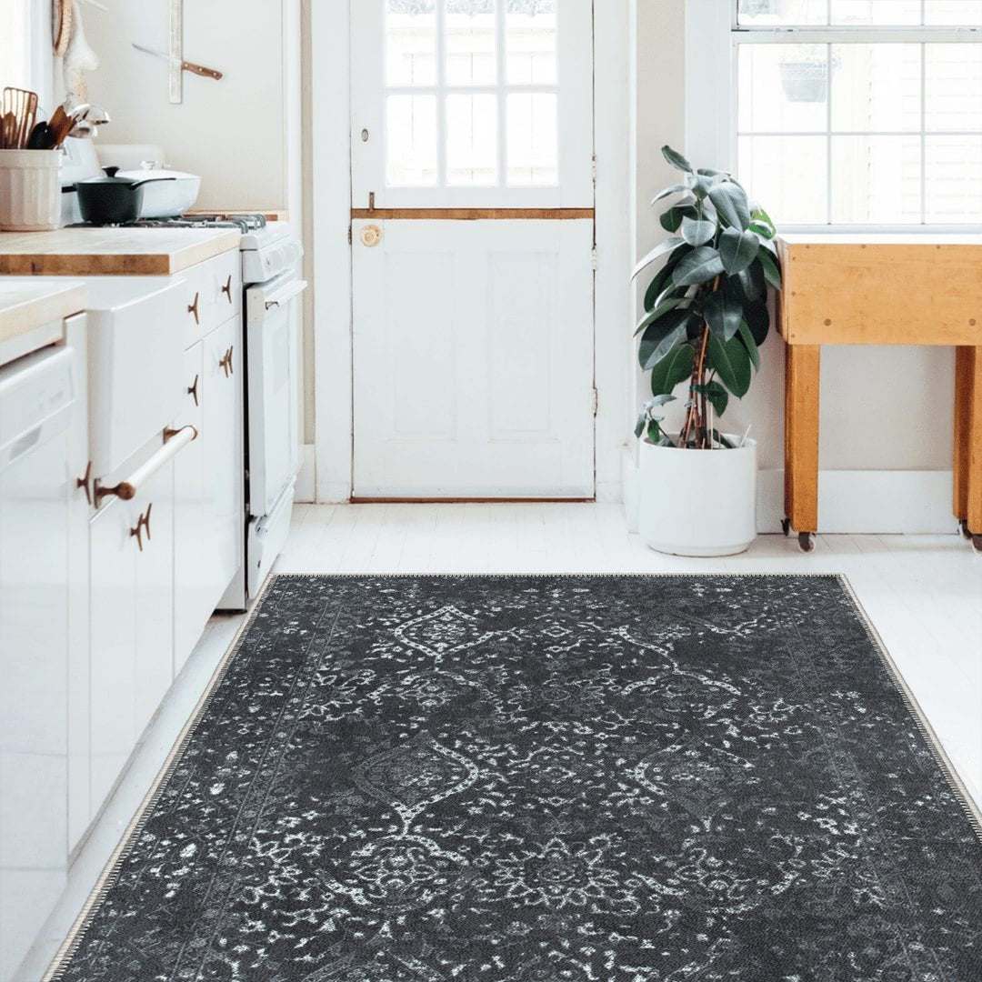 Transitional Design Charcoal Machine Washable Cotton Area Rug - The Rug Decor