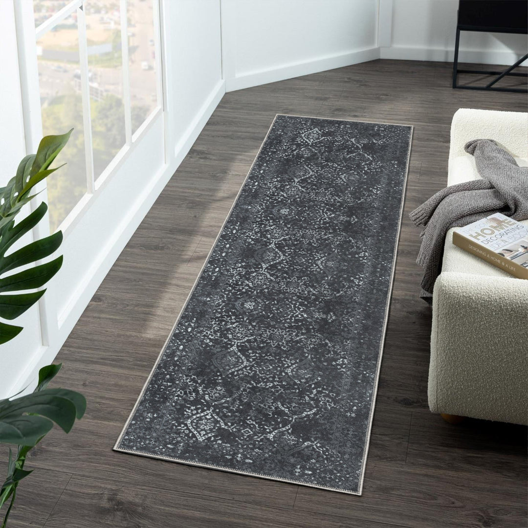 Transitional Design Charcoal Machine Washable Cotton Area Rug - The Rug Decor