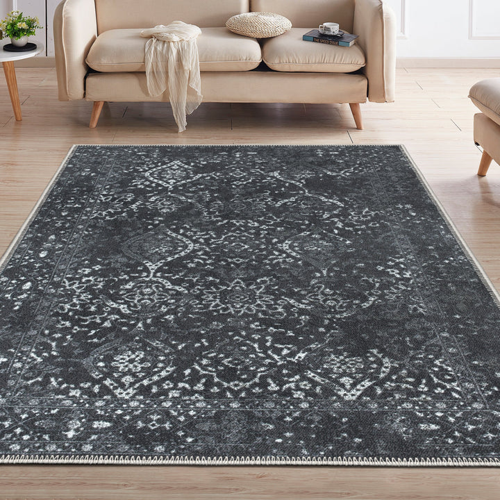 Transitional Design Charcoal Machine Washable Cotton Area Rug - The Rug Decor