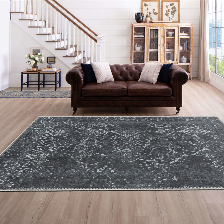Transitional Design Charcoal Machine Washable Cotton Area Rug - The Rug Decor