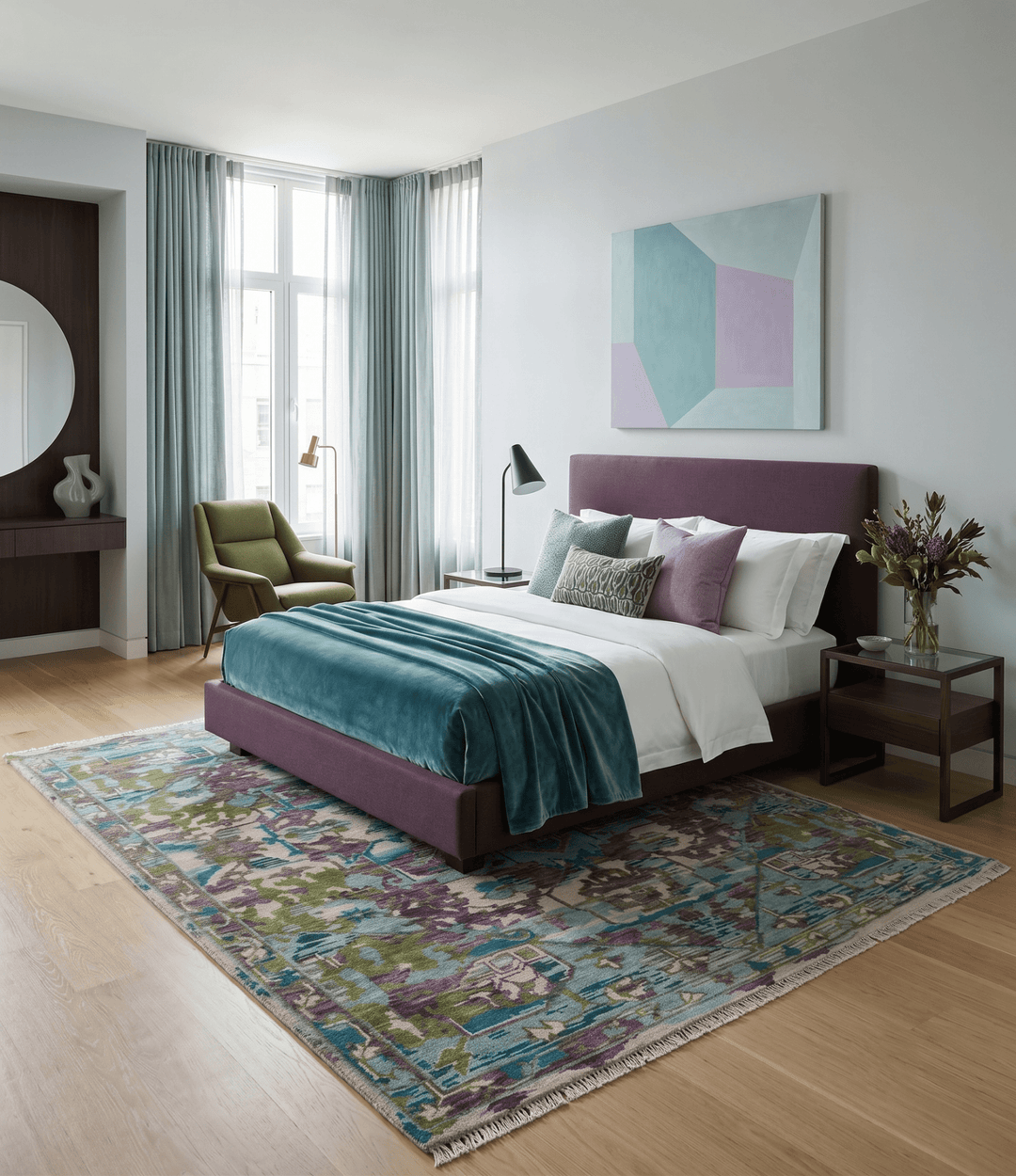 Transitional Hand Knotted Custom Made Green, Aqua, Peach and Purple Wool Rug - The Rug Decor