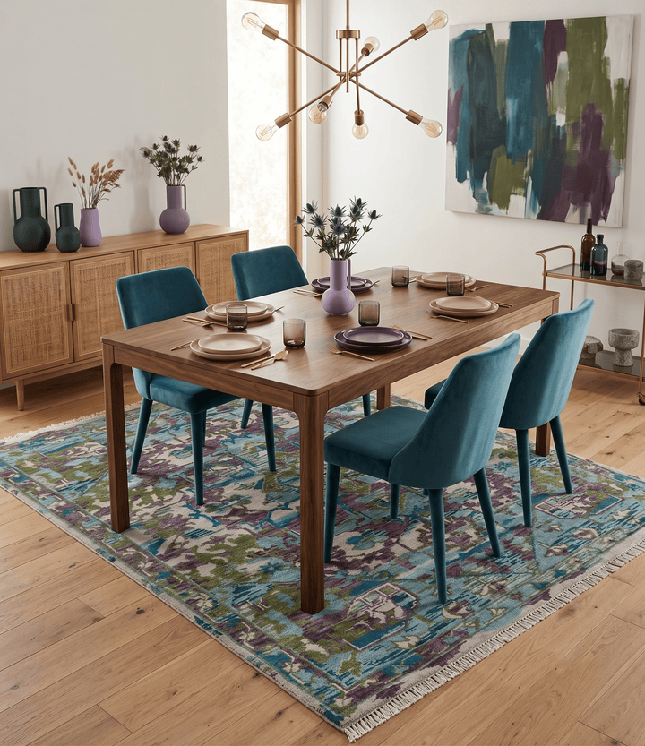 Transitional Hand Knotted Custom Made Green, Aqua, Peach and Purple Wool Rug - The Rug Decor