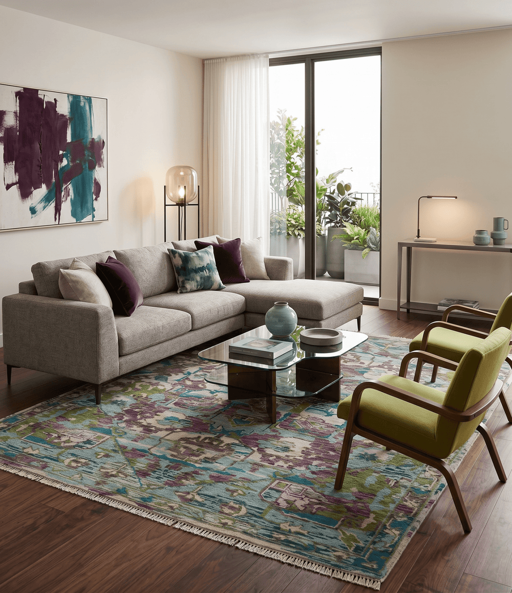 Transitional Hand Knotted Custom Made Green, Aqua, Peach and Purple Wool Rug - The Rug Decor