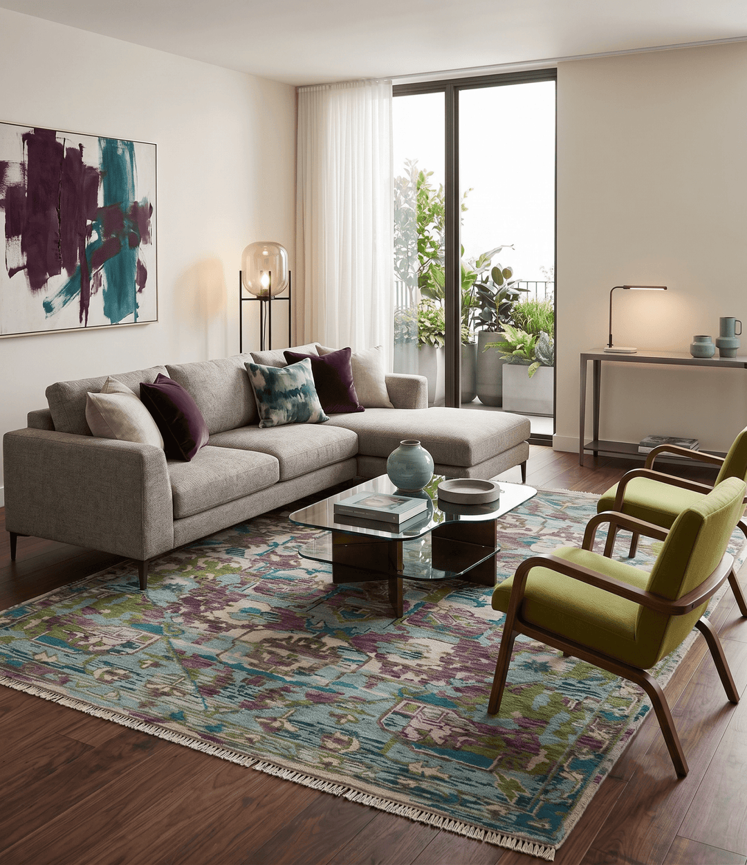 Transitional Hand Knotted Custom Made Green, Aqua, Peach and Purple Wool Rug - The Rug Decor