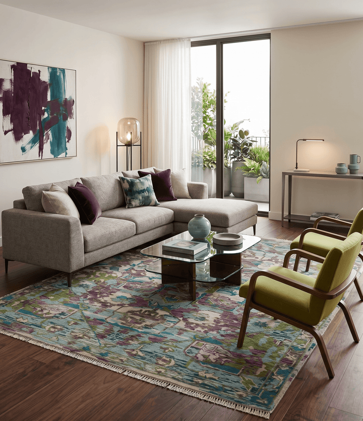 Transitional Hand Knotted Custom Made Green, Aqua, Peach and Purple Wool Rug - The Rug Decor