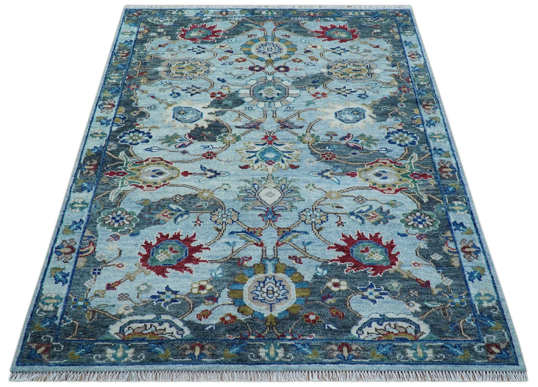 Transitional Oushak Design Red And Blue Hand Knotted Wool Rug - The Rug Decor