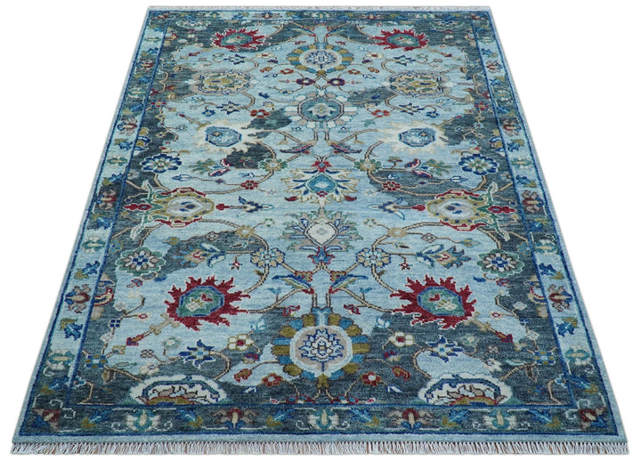 Transitional Oushak Design Red And Blue Hand Knotted Wool Rug - The Rug Decor