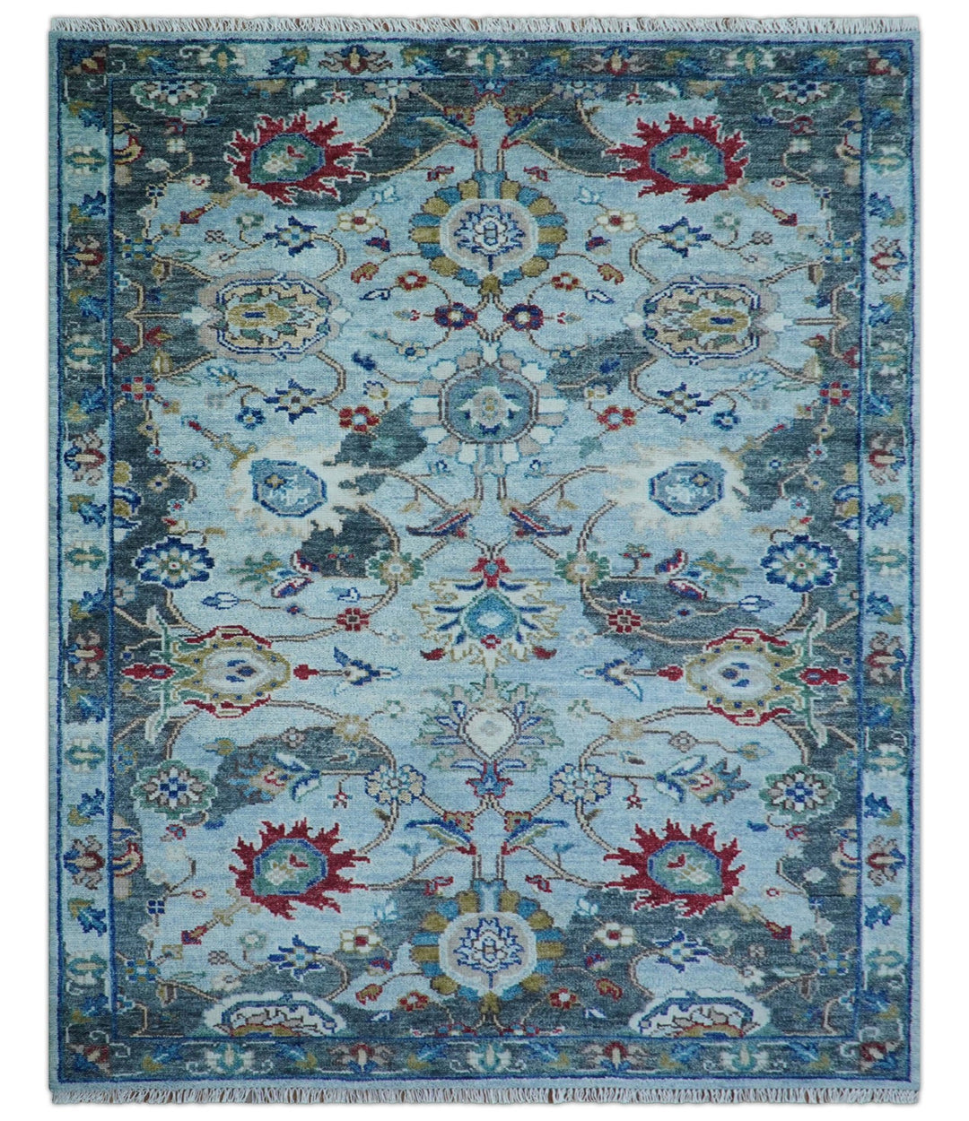Transitional Oushak Design Red And Blue Hand Knotted Wool Rug - The Rug Decor