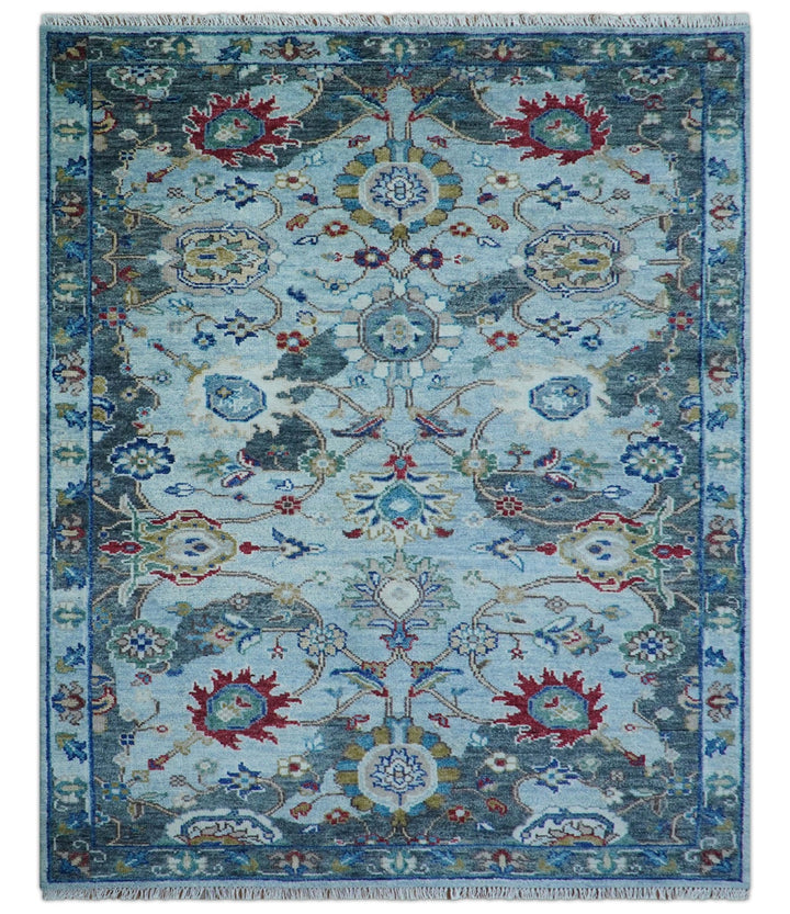 Transitional Oushak Design Red And Blue Hand Knotted Wool Rug - The Rug Decor