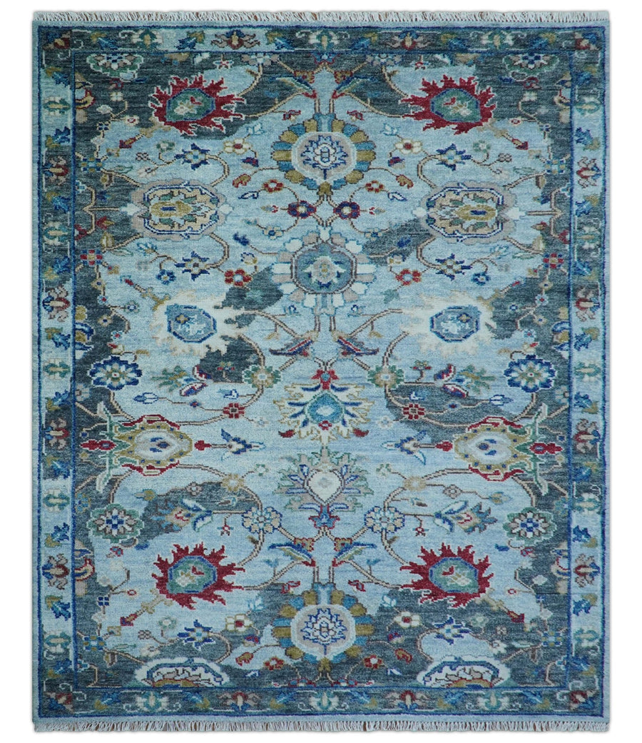 Transitional Oushak Design Red And Blue Hand Knotted Wool Rug - The Rug Decor