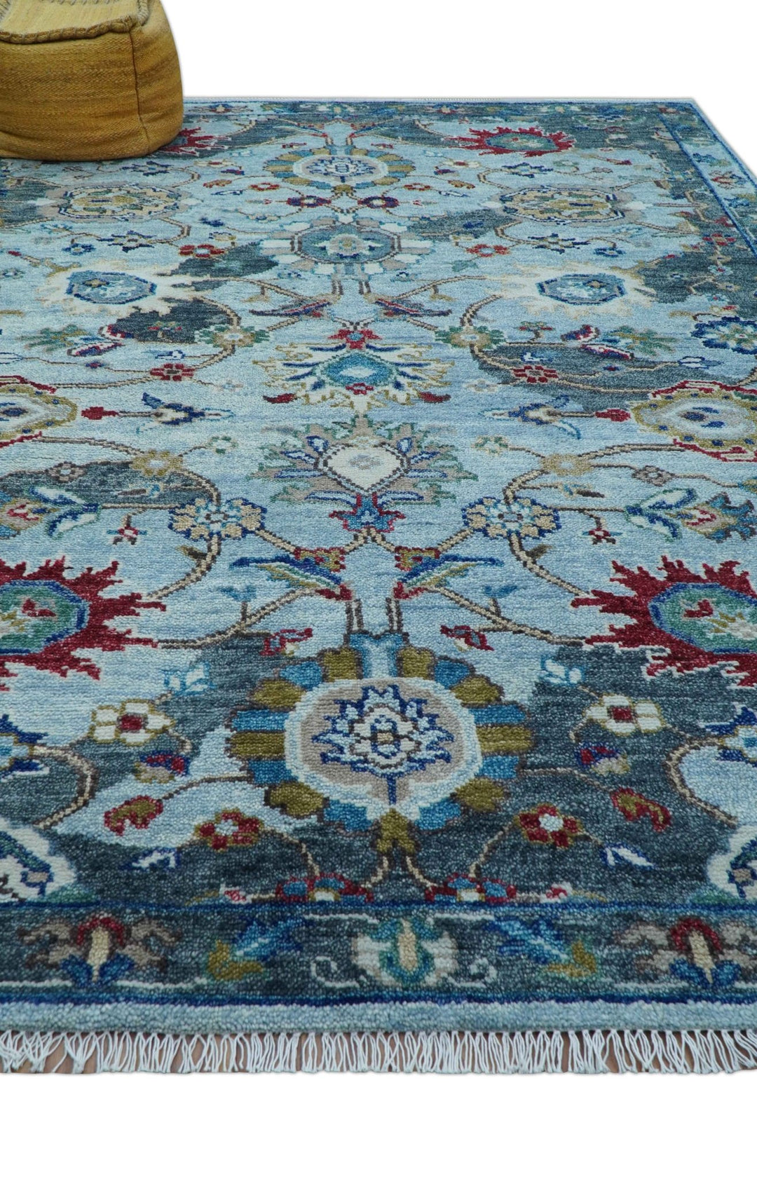 Transitional Oushak Design Red And Blue Hand Knotted Wool Rug - The Rug Decor