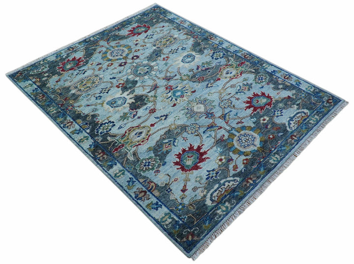 Transitional Oushak Design Red And Blue Hand Knotted Wool Rug - The Rug Decor