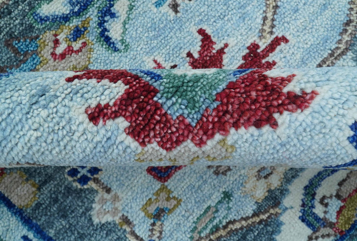 Transitional Oushak Design Red And Blue Hand Knotted Wool Rug - The Rug Decor