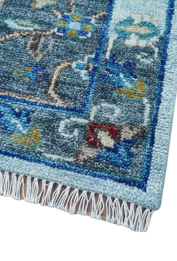 Transitional Oushak Design Red And Blue Hand Knotted Wool Rug - The Rug Decor