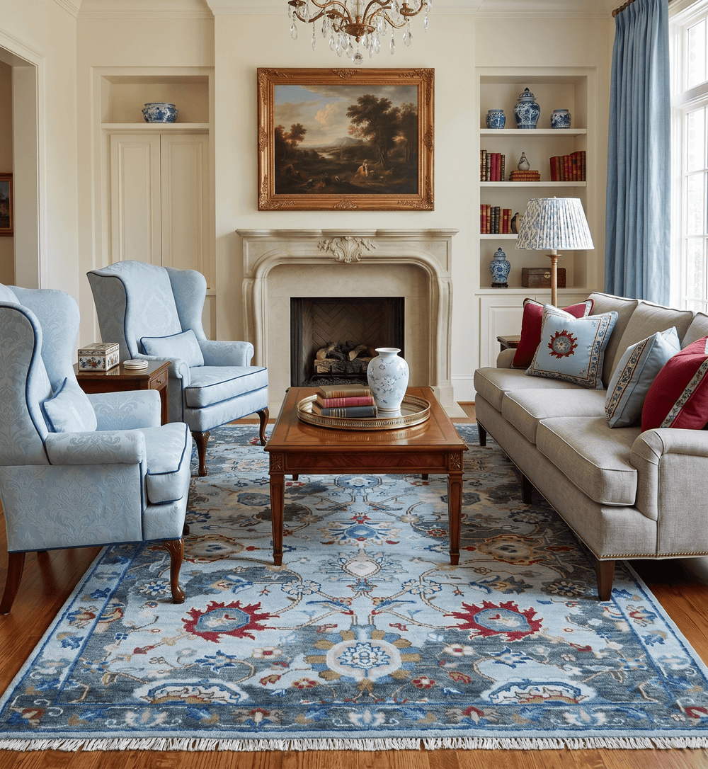 Transitional Oushak Design Red And Blue Hand Knotted Wool Rug - The Rug Decor