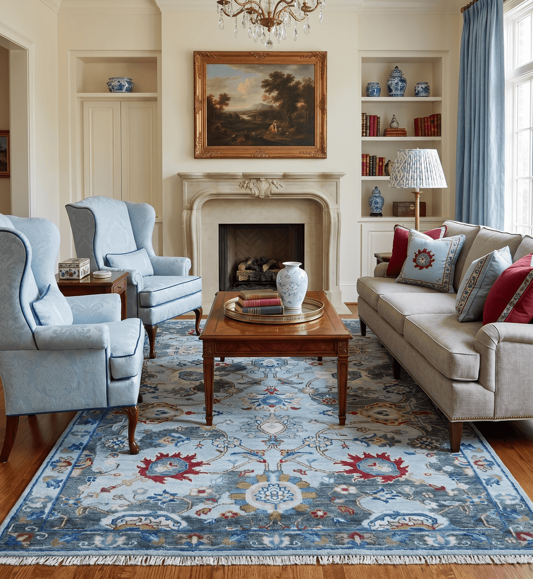 Transitional Oushak Design Red And Blue Hand Knotted Wool Rug - The Rug Decor