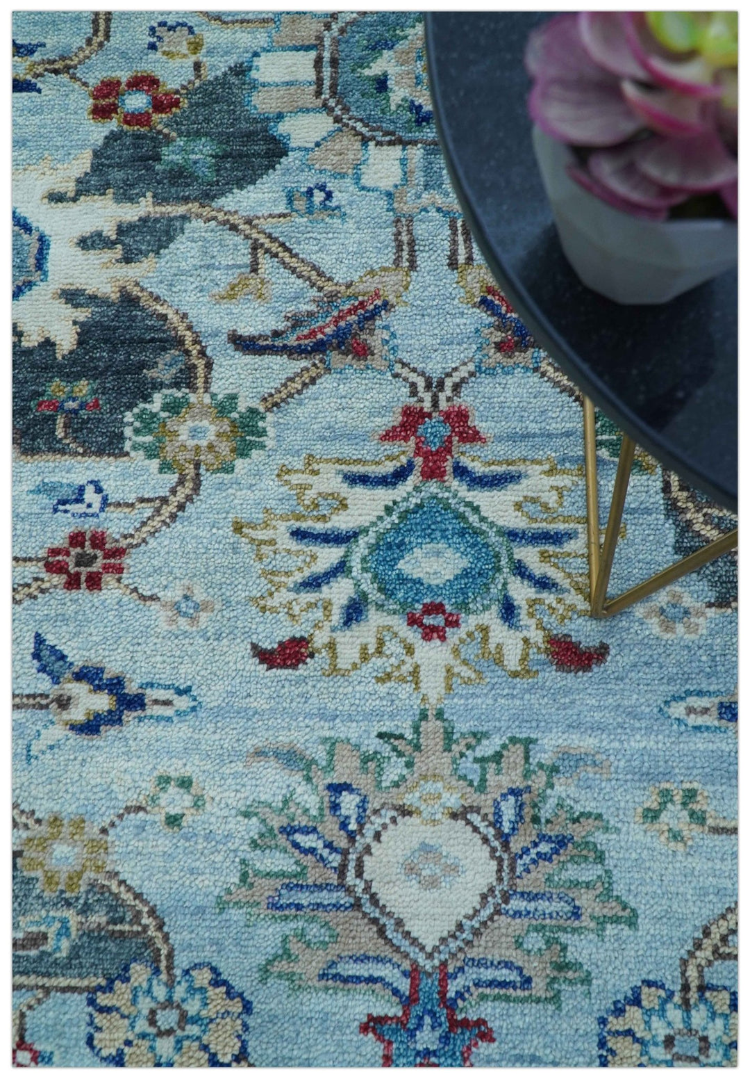 Transitional Oushak Design Red And Blue Hand Knotted Wool Rug - The Rug Decor